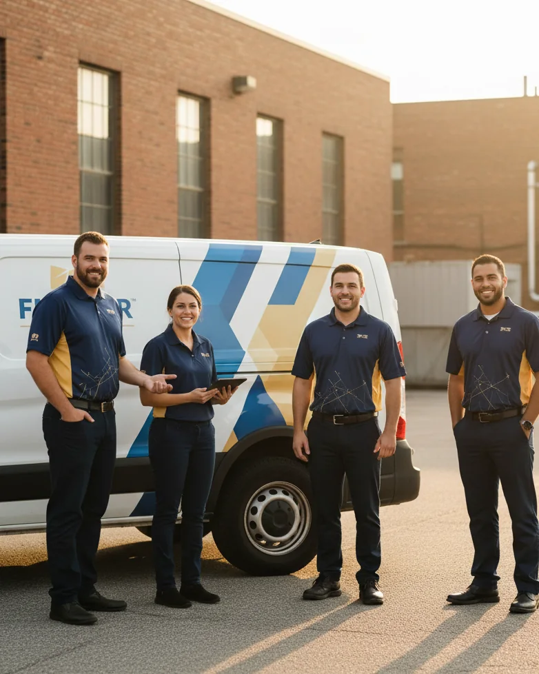 A Zenner & Ritter service crew in front of one of their wrapped vans